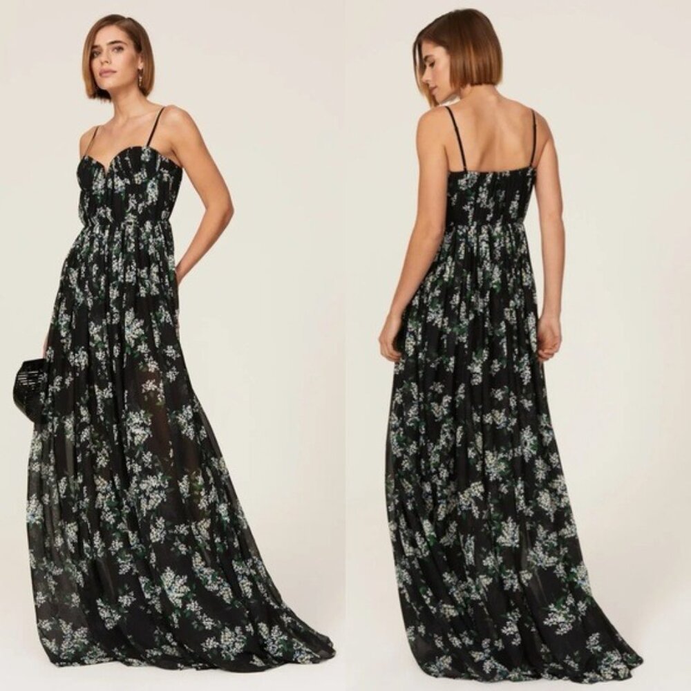 Sau Lee Georgina Gown 14 Floral Black Maxi Chiffon Pleated Aline Bodice